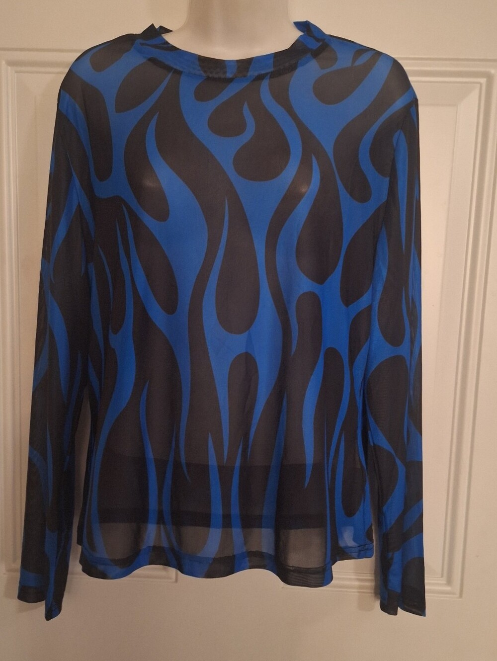 Vintage Blue Black Flame-Print Sheer Long Sleeve Mesh Top Blouse Crew Neckline